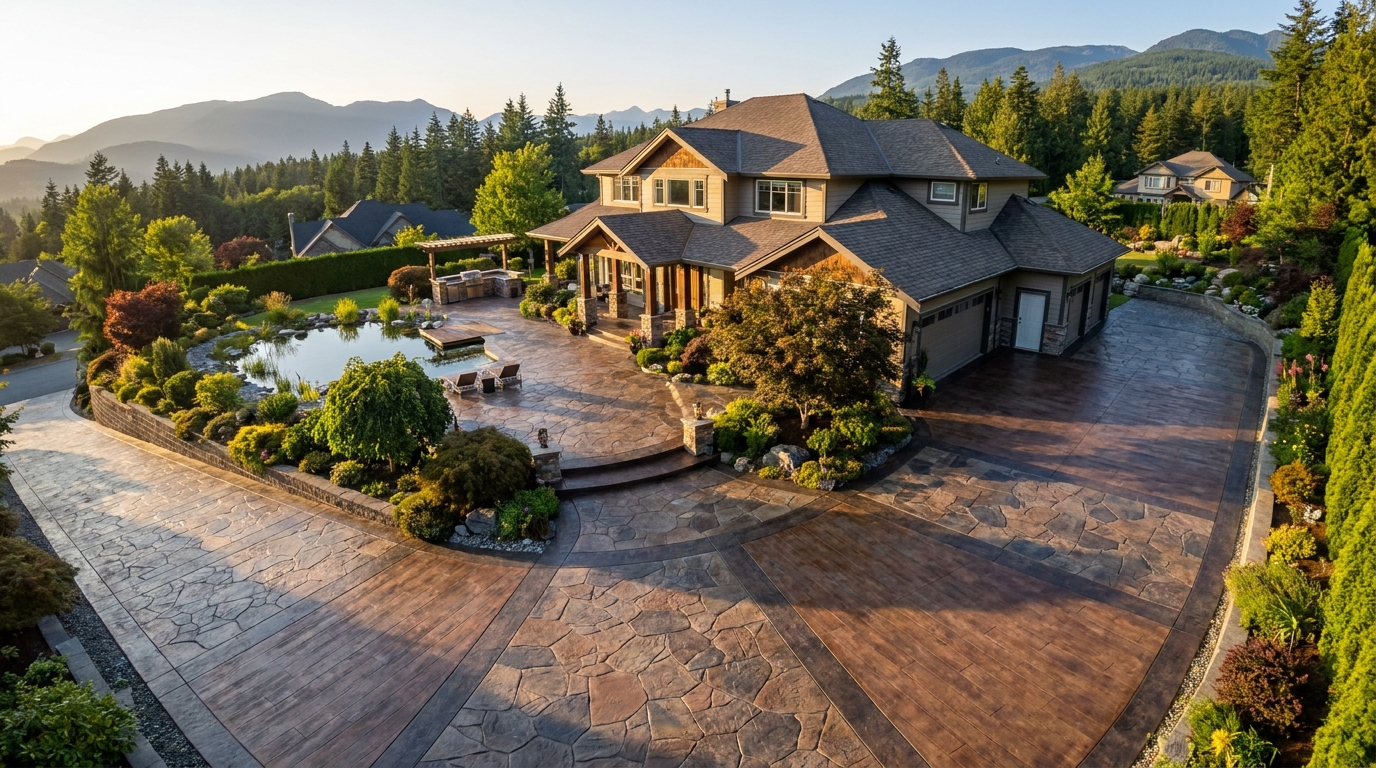 Aerial view of a luxury home with a stamped concrete driveway by S&K Concrete